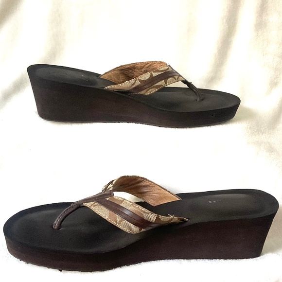 Brown Coach Jaden Wedge Heel Open Toe Flip Flops Size 11 - Picture 3 of 12